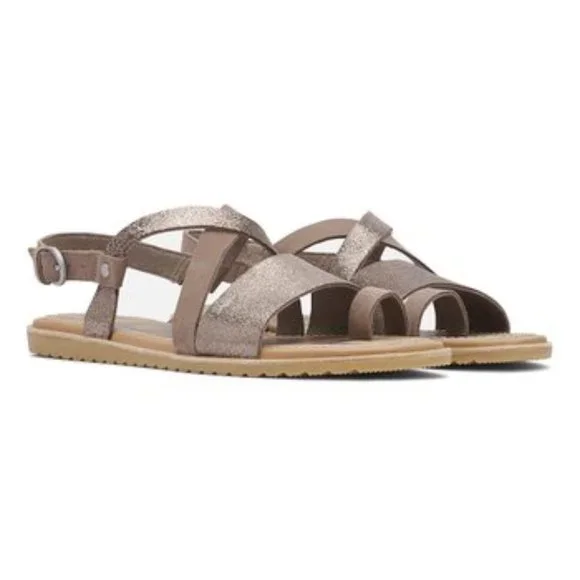 New SOREL Ash Brown Metallic Ella Leather Sandals - Picture 2 of 6